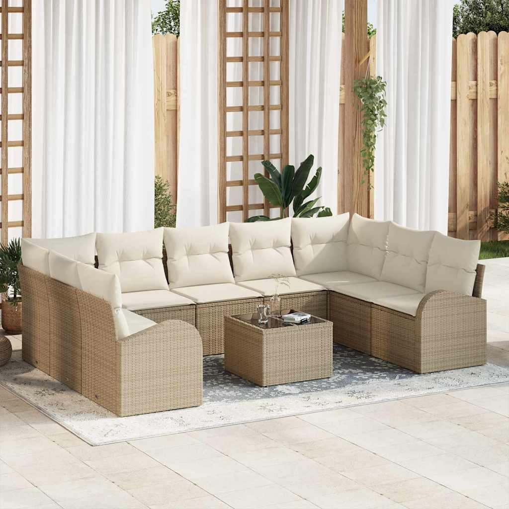 Bankstel met kussen 10 pcs Beige Poly Rattan