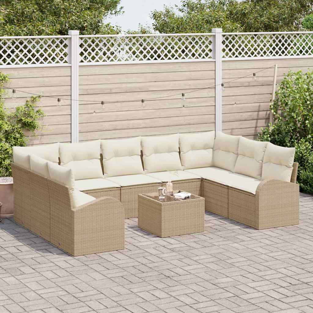 Bankstel met kussen 10 pcs Beige Poly Rattan