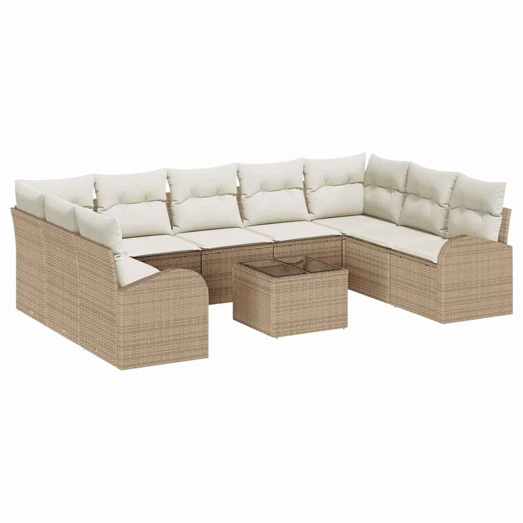 Bankstel met kussen 10 pcs Beige Poly Rattan