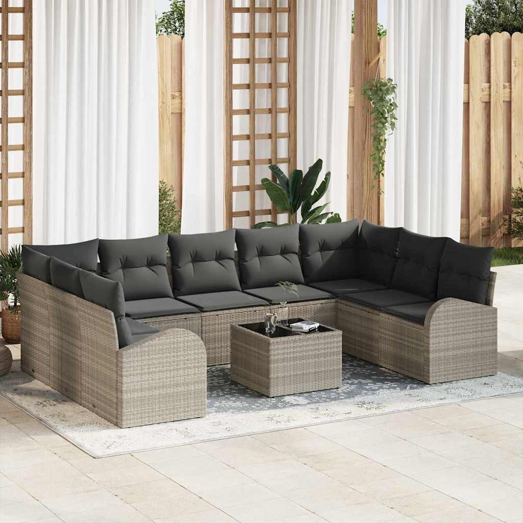 Bankstel met kussen 10 pcs Lichtgrijs Poly Rattan is nu te koop bij PeponiXL, paradijselijk wonen!
