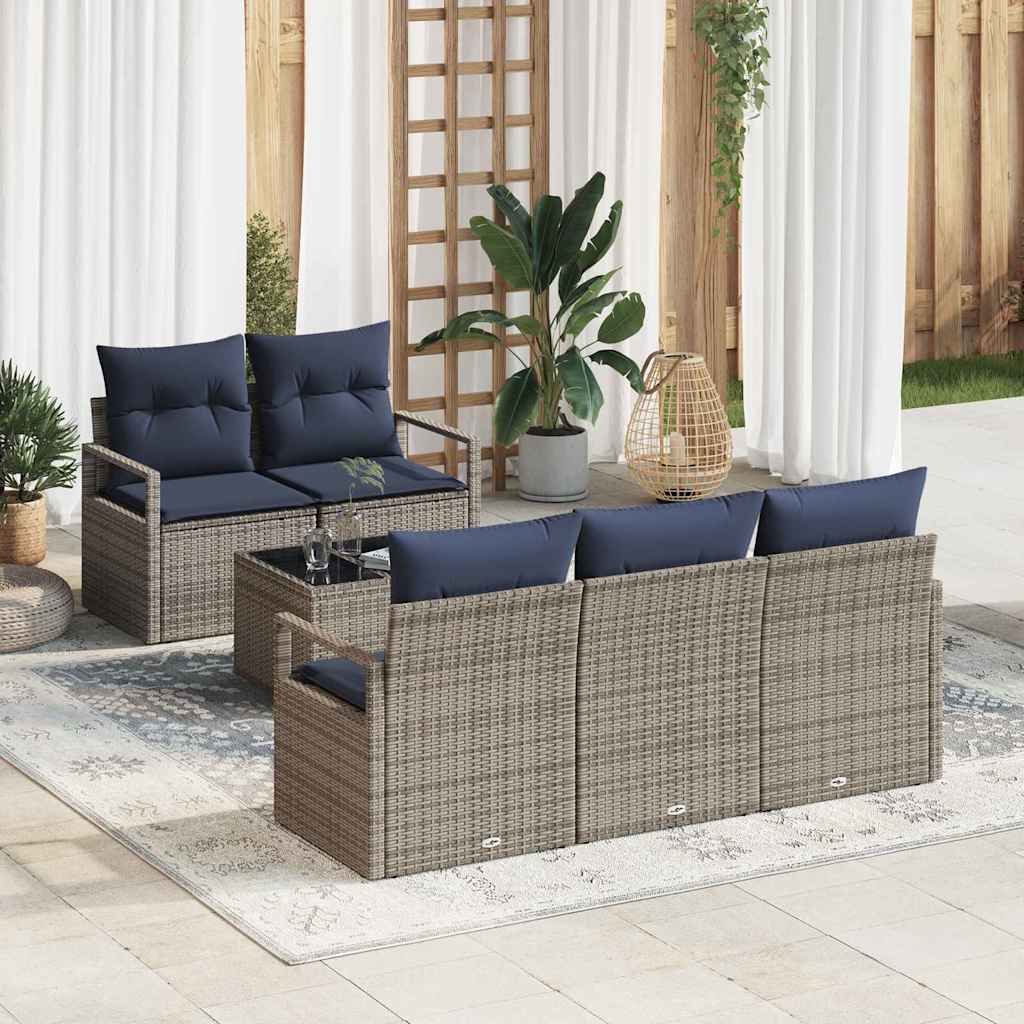 Bankstel 6 pcs Grijs en Marineblauw poly rattan is nu te koop bij PeponiXL, paradijselijk wonen!