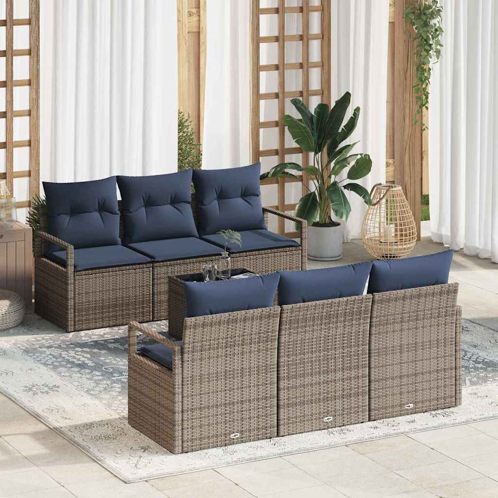 Bankstel met kussen 7 pcs Grijs en Marineblauw poly rattan is nu te koop bij PeponiXL, paradijselijk wonen!