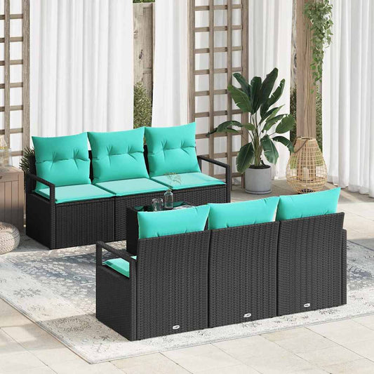 Bankstel met kussen 7 pcs Zwart en Turquoise poly rattan is nu te koop bij PeponiXL, paradijselijk wonen!