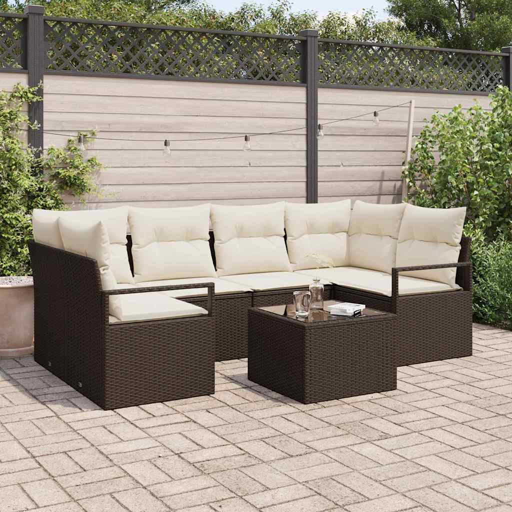 Bankstel met kussen 7 pcs Bruin en Crème poly rattan is nu te koop bij PeponiXL, paradijselijk wonen!