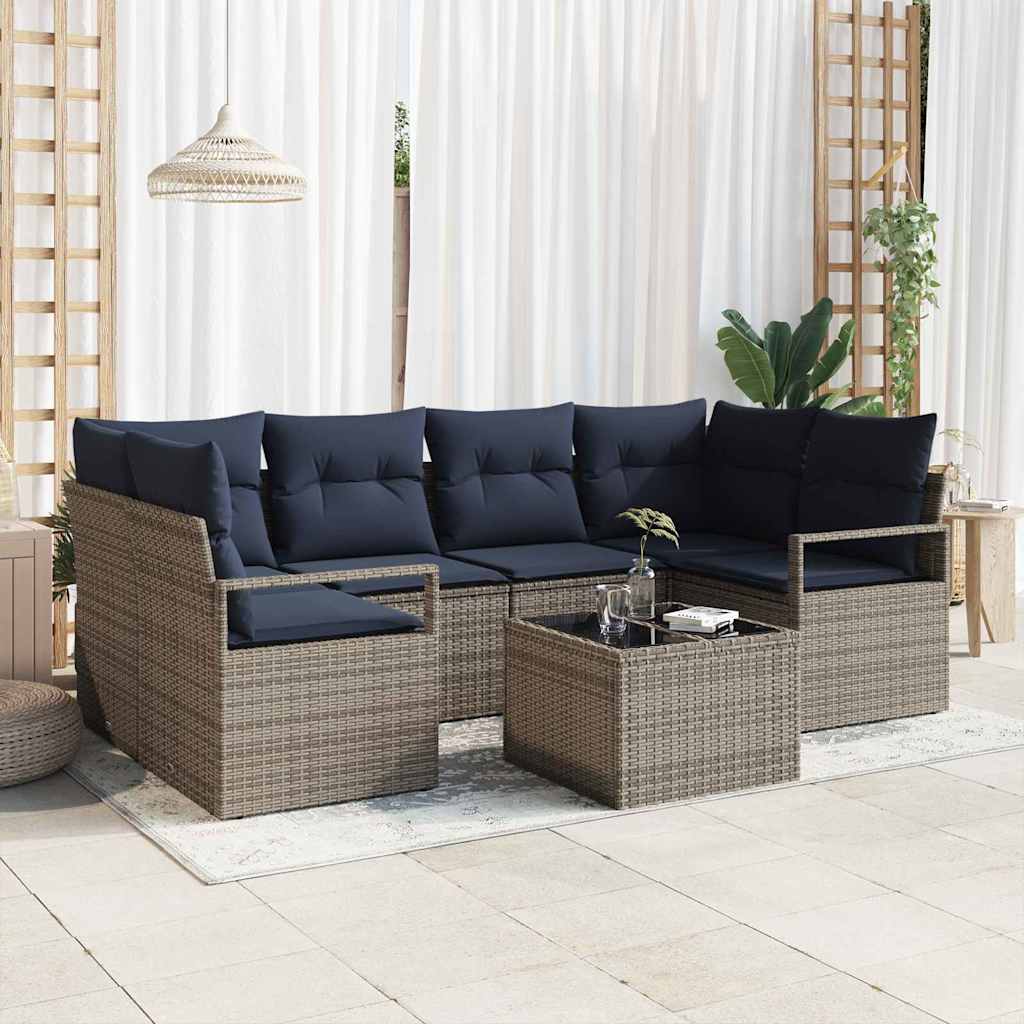Bankstel 7 pcs Grijs en Blauw poly rattan is nu te koop bij PeponiXL, paradijselijk wonen!