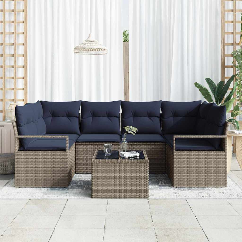 Bankstel 7 pcs Grijs en Blauw poly rattan is nu te koop bij PeponiXL, paradijselijk wonen!