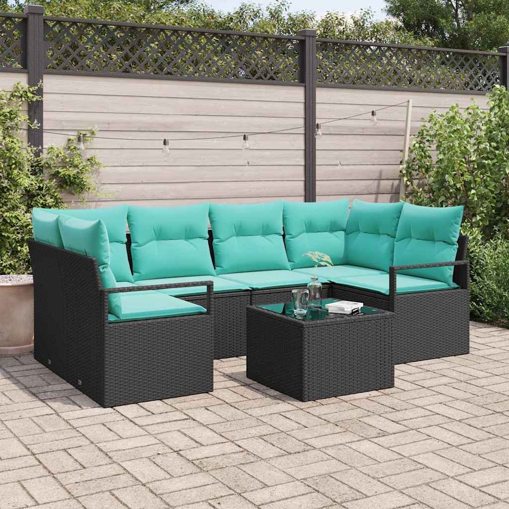Bankstel 7 pcs Zwart en Blauw poly rattan is nu te koop bij PeponiXL, paradijselijk wonen!