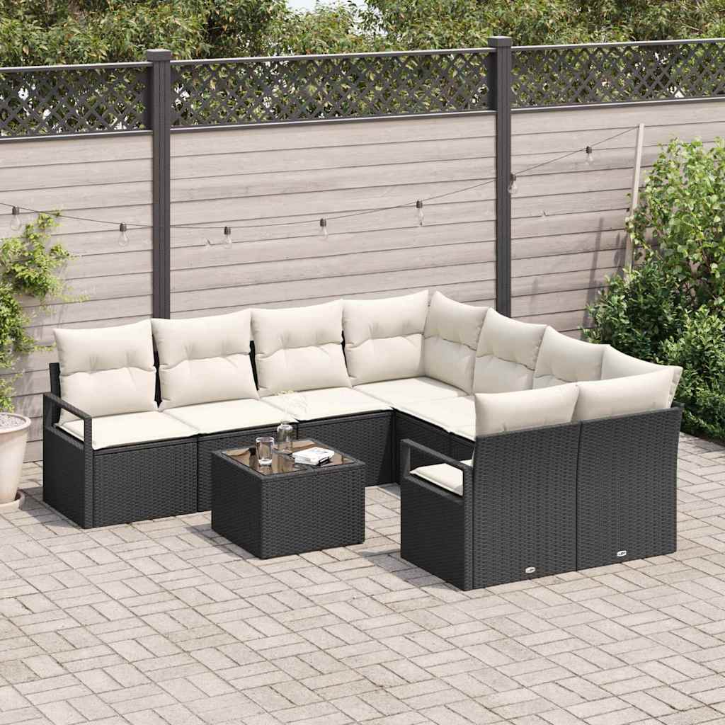Bankstel met kussen 9 pcs Zwart en Crème poly rattan is nu te koop bij PeponiXL, paradijselijk wonen!