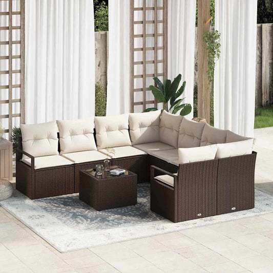 Bankstel met kussen 9 pcs Bruin en Crème poly rattan is nu te koop bij PeponiXL, paradijselijk wonen!