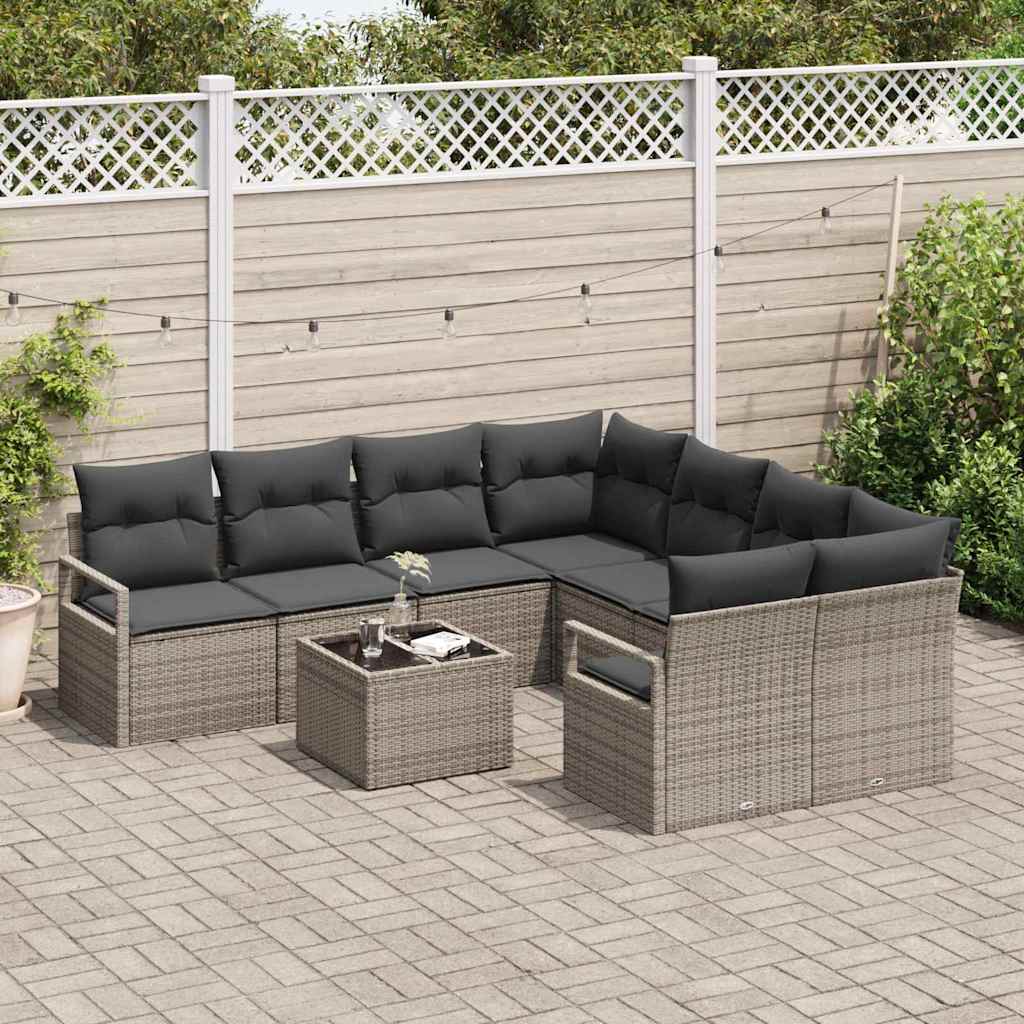 Bankstel met kussen 9 pcs Grijs poly rattan is nu te koop bij PeponiXL, paradijselijk wonen!