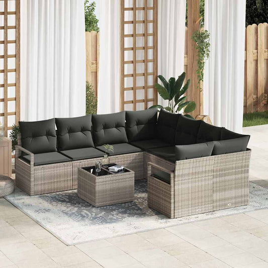 Bankstel met kussen 9 pcs Lichtgrijs en zwart poly rattan is nu te koop bij PeponiXL, paradijselijk wonen!