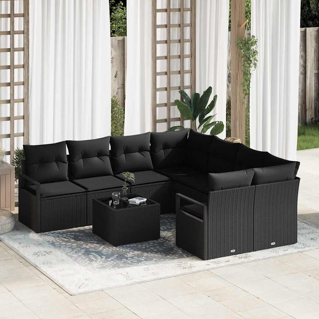 Bankstel met kussen 9 pcs Zwart poly rattan is nu te koop bij PeponiXL, paradijselijk wonen!