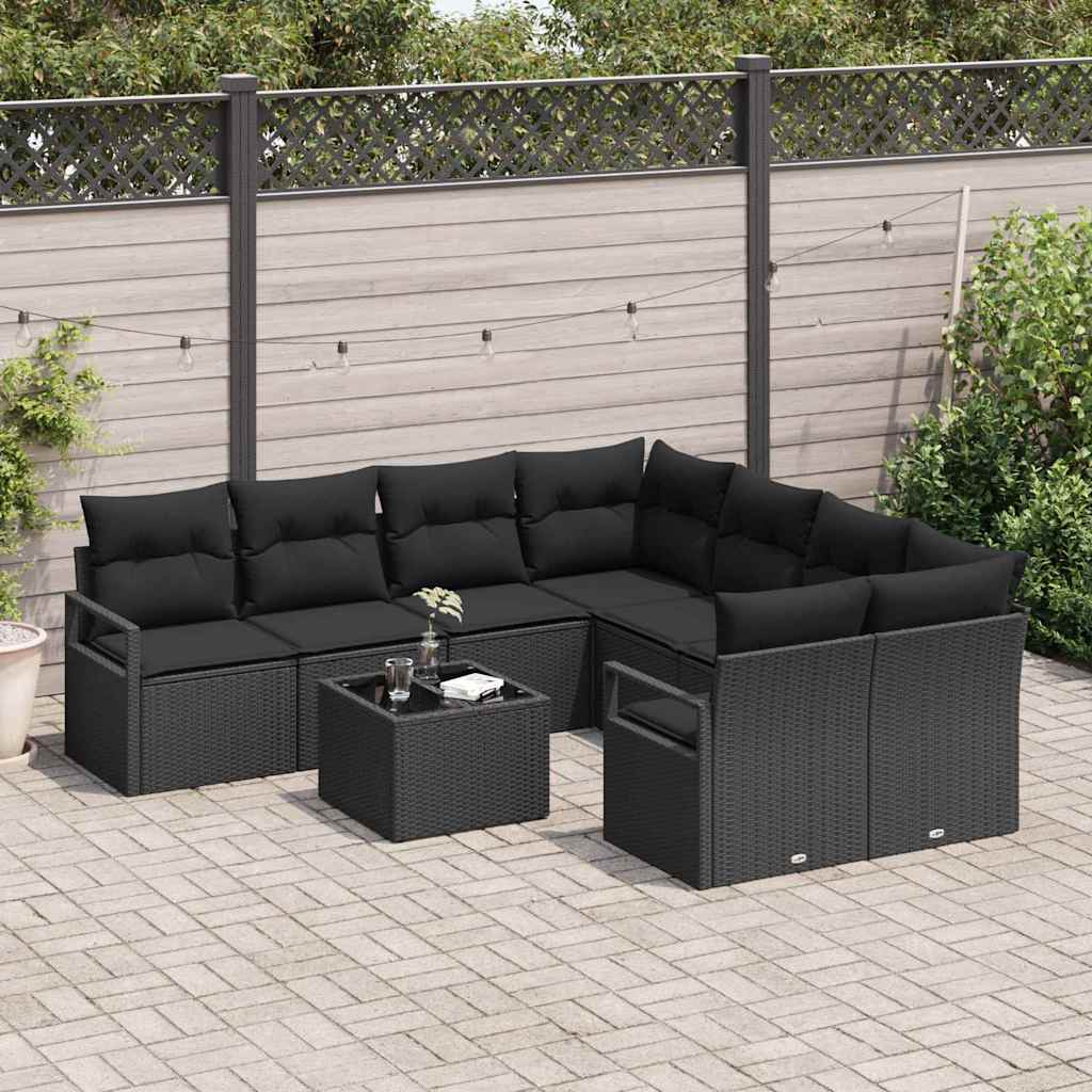 Bankstel met kussen 9 pcs Zwart poly rattan is nu te koop bij PeponiXL, paradijselijk wonen!