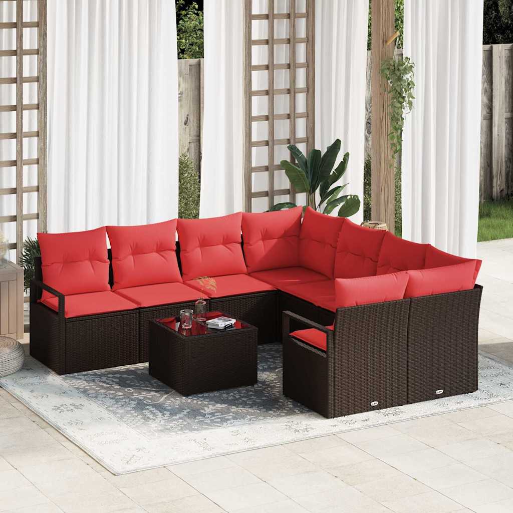 Bankstel met kussen 9 pcs Bruin en Rood poly rattan is nu te koop bij PeponiXL, paradijselijk wonen!