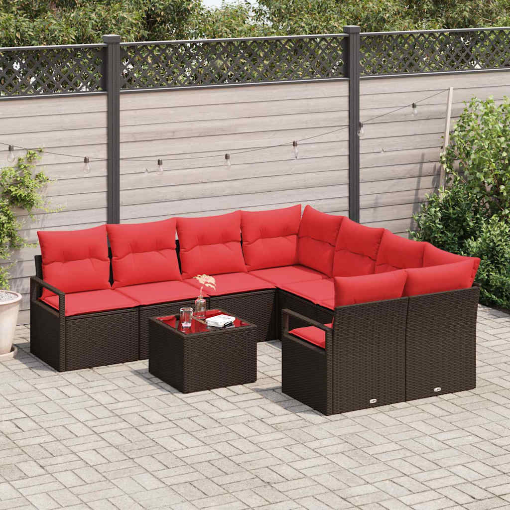 Bankstel met kussen 9 pcs Bruin en Rood poly rattan is nu te koop bij PeponiXL, paradijselijk wonen!