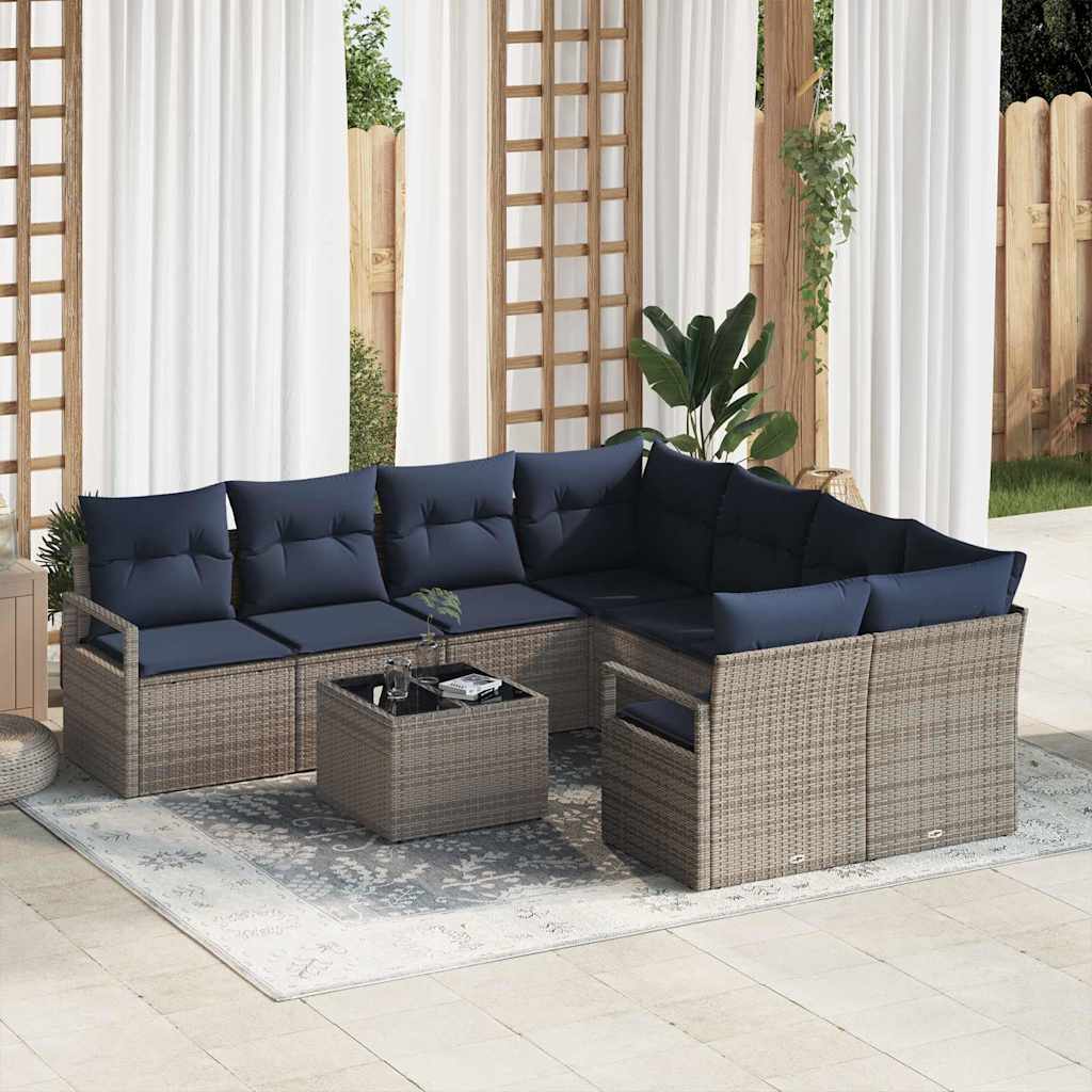 Bankstel met kussen 9 pcs Grijs en Marineblauw poly rattan is nu te koop bij PeponiXL, paradijselijk wonen!