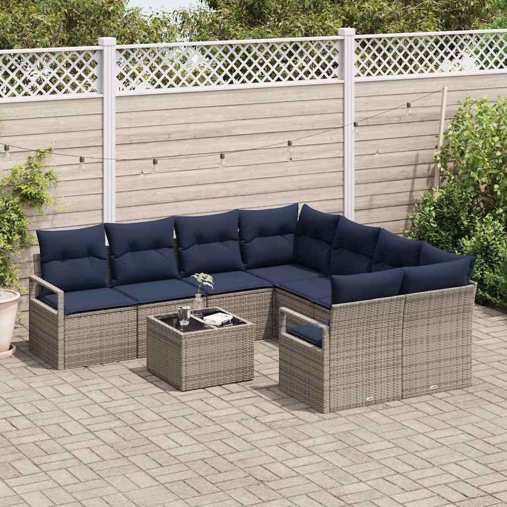 Bankstel met kussen 9 pcs Grijs en Marineblauw poly rattan is nu te koop bij PeponiXL, paradijselijk wonen!