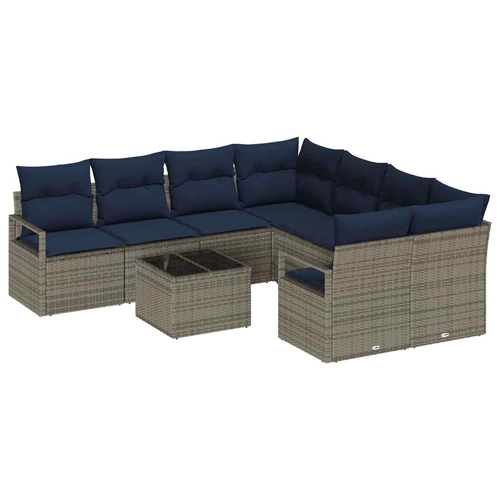 Bankstel met kussen 9 pcs Grijs en Marineblauw poly rattan is nu te koop bij PeponiXL, paradijselijk wonen!