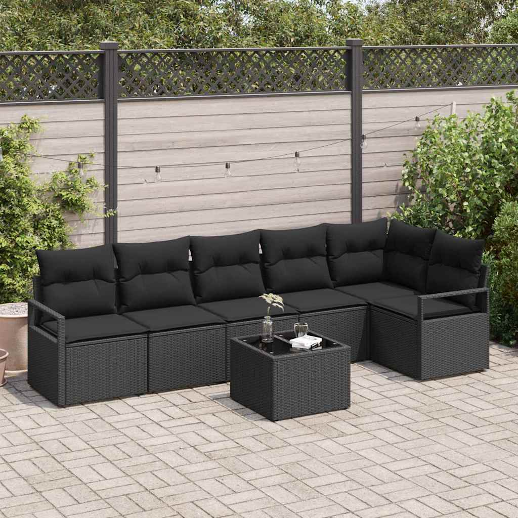 Bankstel met kussen 7 pcs Zwart poly rattan is nu te koop bij PeponiXL, paradijselijk wonen!