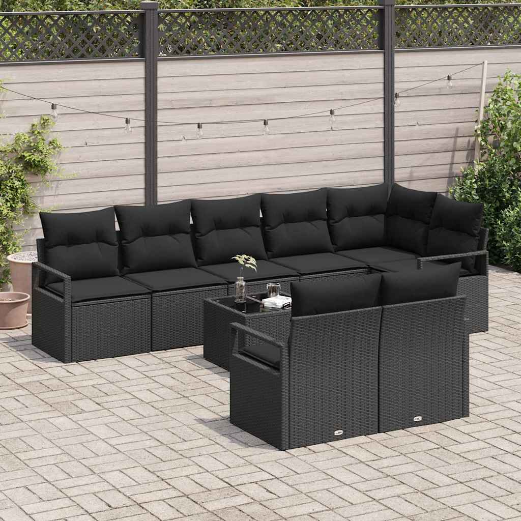 Bankstel met kussen 9 pcs Zwart poly rattan is nu te koop bij PeponiXL, paradijselijk wonen!