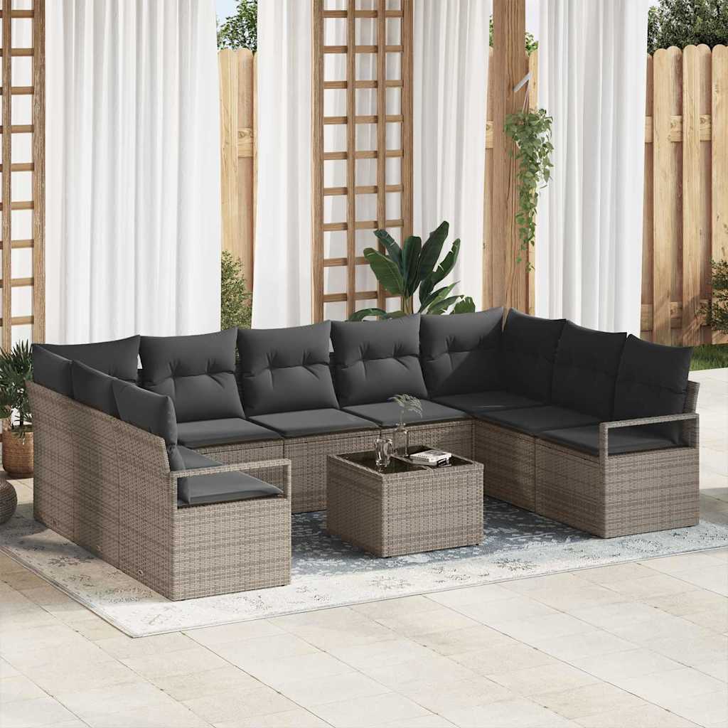 Bankstel met kussen 10 pcs Grijs poly rattan is nu te koop bij PeponiXL, paradijselijk wonen!