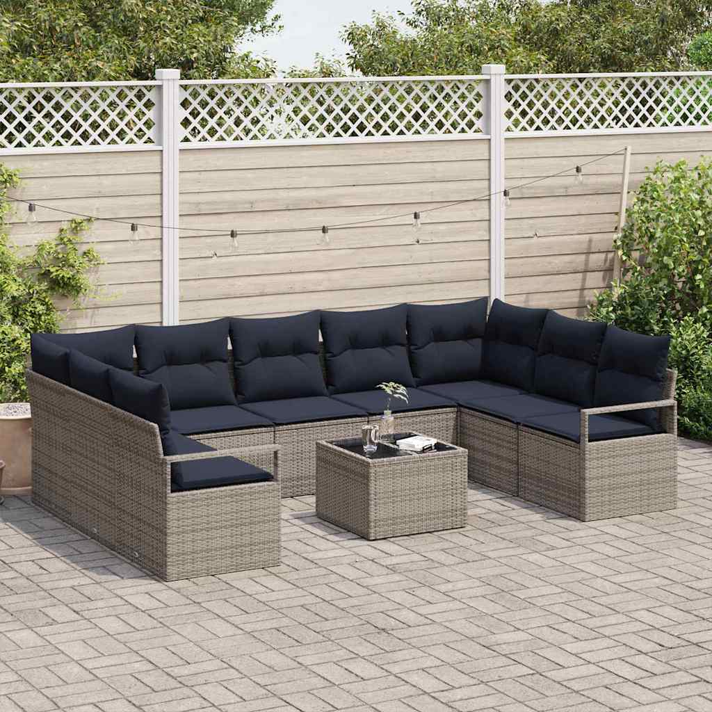 Bankstel met kussen 10 pcs Grijs poly rattan is nu te koop bij PeponiXL, paradijselijk wonen!