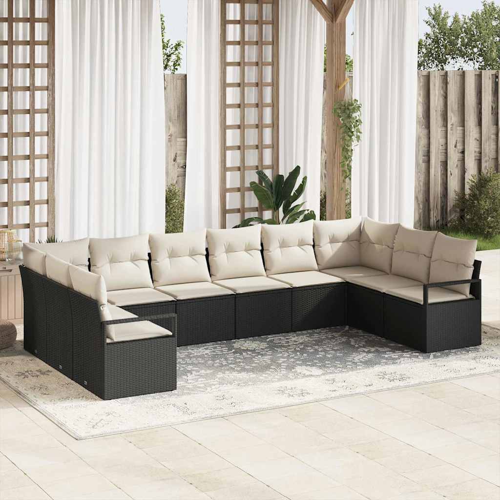 Bankstel met kussen 10 pcs Zwart poly rattan is nu te koop bij PeponiXL, paradijselijk wonen!