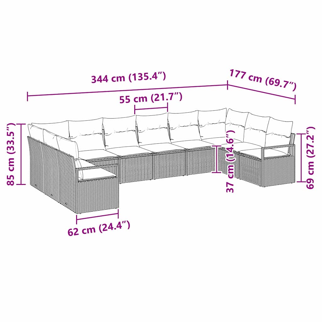 Bankstel met kussen 10 pcs Lichtgrijs poly rattan is nu te koop bij PeponiXL, paradijselijk wonen!