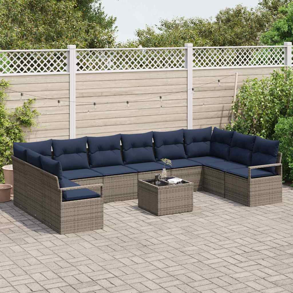 Bankstel met kussen 11 pcs Grijs poly rattan is nu te koop bij PeponiXL, paradijselijk wonen!
