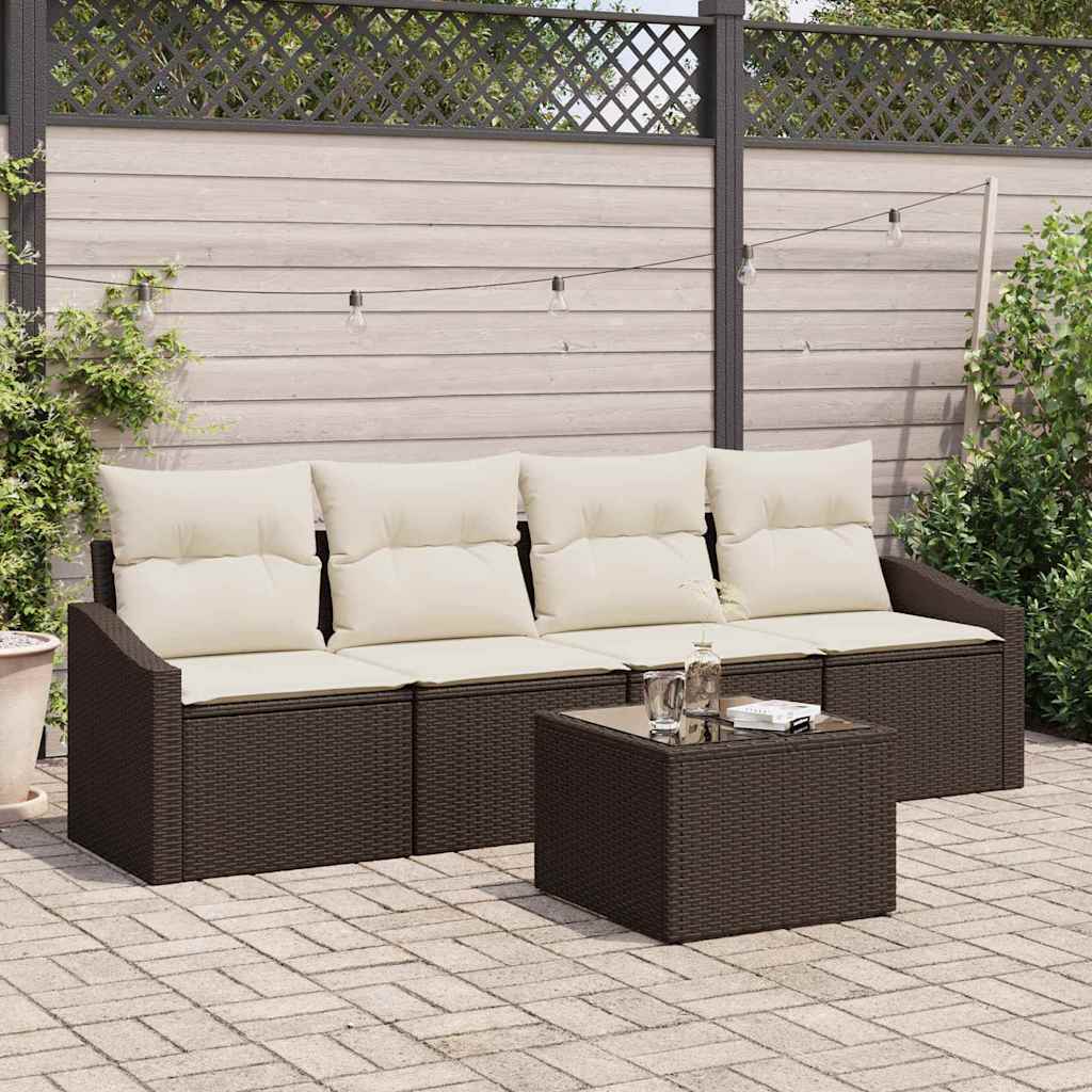 Bankstel met kussen met kussen 5 pcs Bruin en Crème poly rattan is nu te koop bij PeponiXL, paradijselijk wonen!