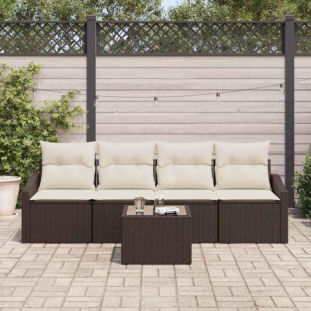 Bankstel met kussen met kussen 5 pcs Bruin en Crème poly rattan is nu te koop bij PeponiXL, paradijselijk wonen!