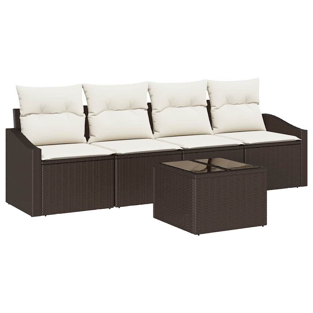 Bankstel met kussen met kussen 5 pcs Bruin en Crème poly rattan is nu te koop bij PeponiXL, paradijselijk wonen!