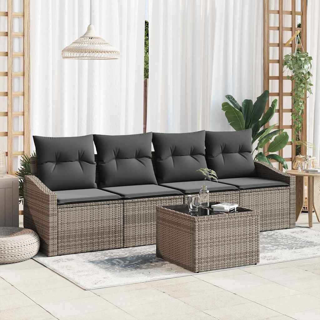 Bankstel met kussen met kussen 5 pcs Grijs poly rattan is nu te koop bij PeponiXL, paradijselijk wonen!