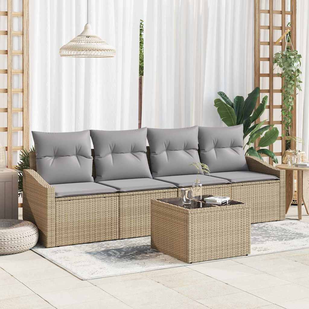 Bankstel met kussen 5 pcs Beige en Licht Grijs poly rattan is nu te koop bij PeponiXL, paradijselijk wonen!