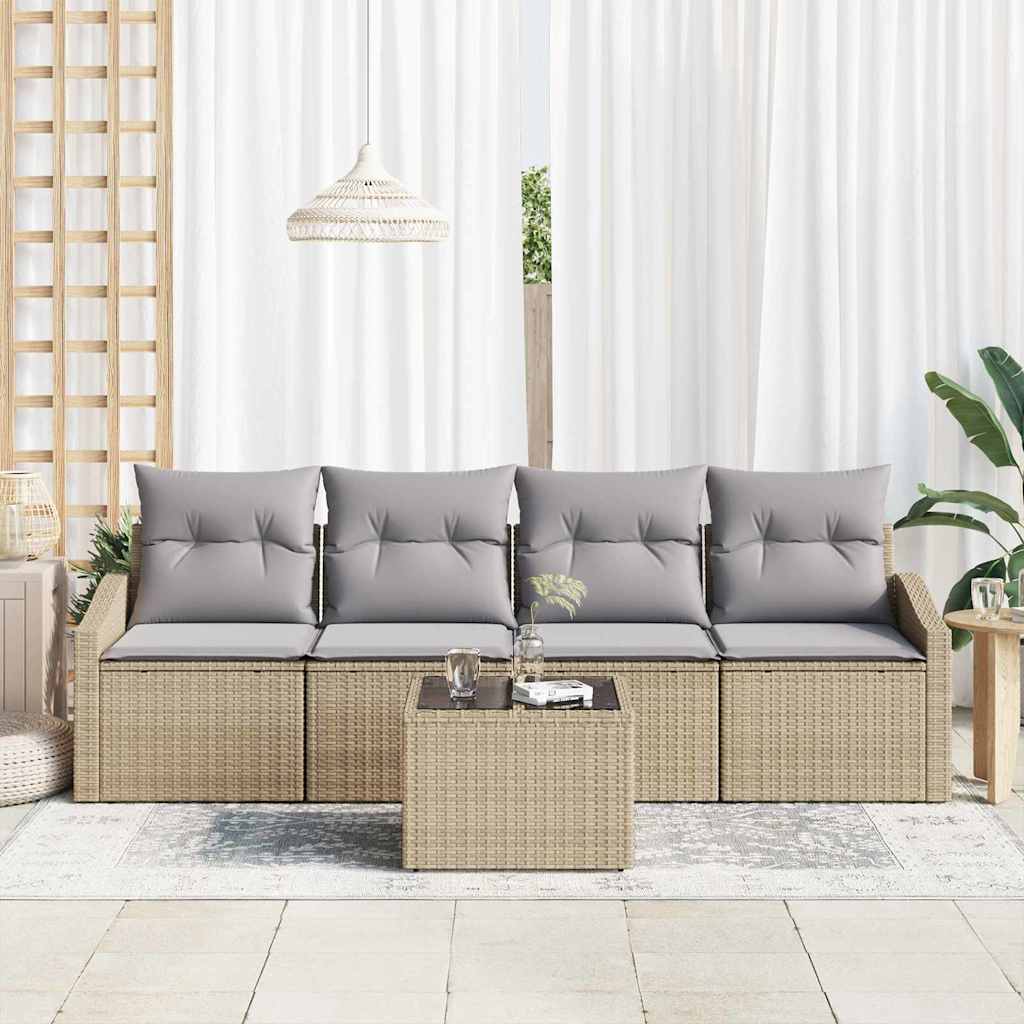Bankstel met kussen 5 pcs Beige en Licht Grijs poly rattan is nu te koop bij PeponiXL, paradijselijk wonen!