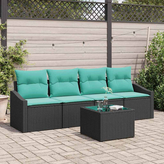 Bankstel met kussen 5 pcs Zwart en Turquoise poly rattan is nu te koop bij PeponiXL, paradijselijk wonen!