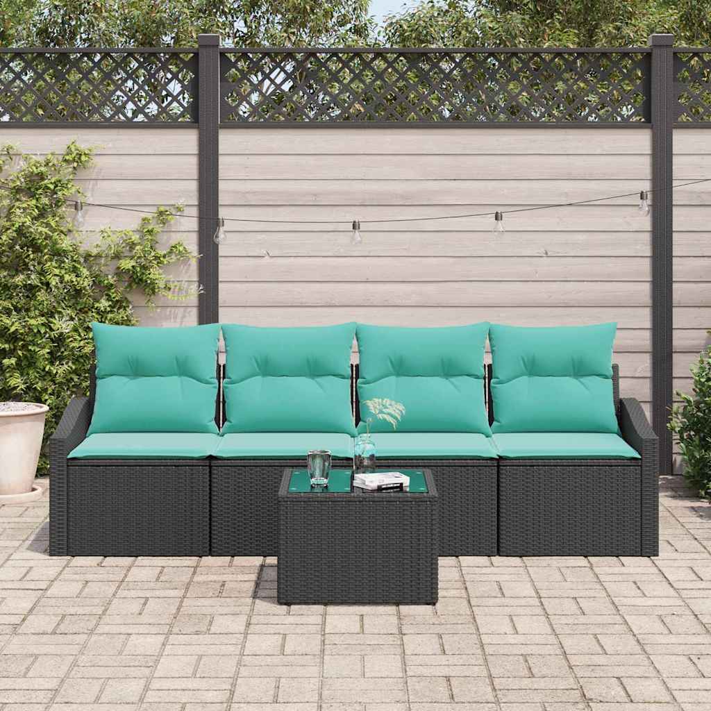 Bankstel met kussen 5 pcs Zwart en Turquoise poly rattan is nu te koop bij PeponiXL, paradijselijk wonen!
