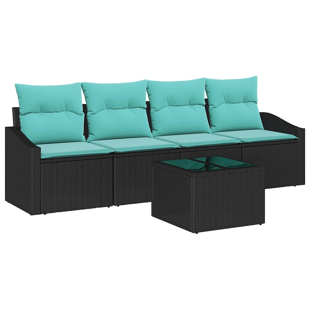 Bankstel met kussen 5 pcs Zwart en Turquoise poly rattan is nu te koop bij PeponiXL, paradijselijk wonen!