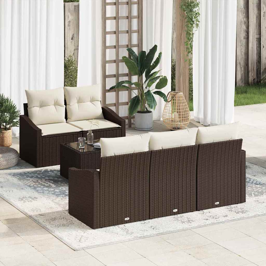 Bankstel met kussen met kussen 6 pcs Bruin en Crème poly rattan is nu te koop bij PeponiXL, paradijselijk wonen!