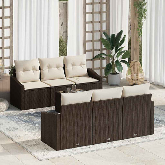 Bankstel met kussen met kussen 7 pcs Bruin en Crème poly rattan is nu te koop bij PeponiXL, paradijselijk wonen!