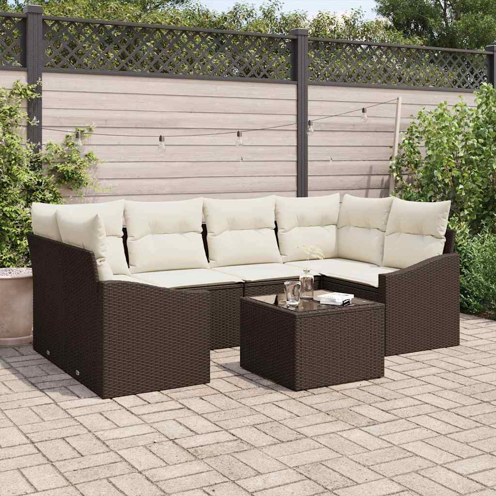 Bankstel met kussen met kussen 7 pcs Bruin en Crème poly rattan is nu te koop bij PeponiXL, paradijselijk wonen!