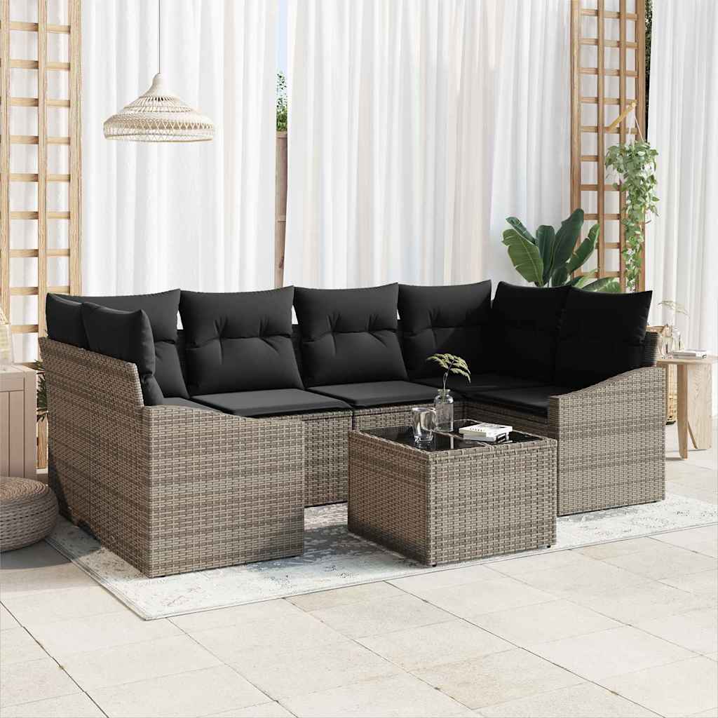 Bankstel met kussen met kussen 7 pcs Grijs poly rattan is nu te koop bij PeponiXL, paradijselijk wonen!