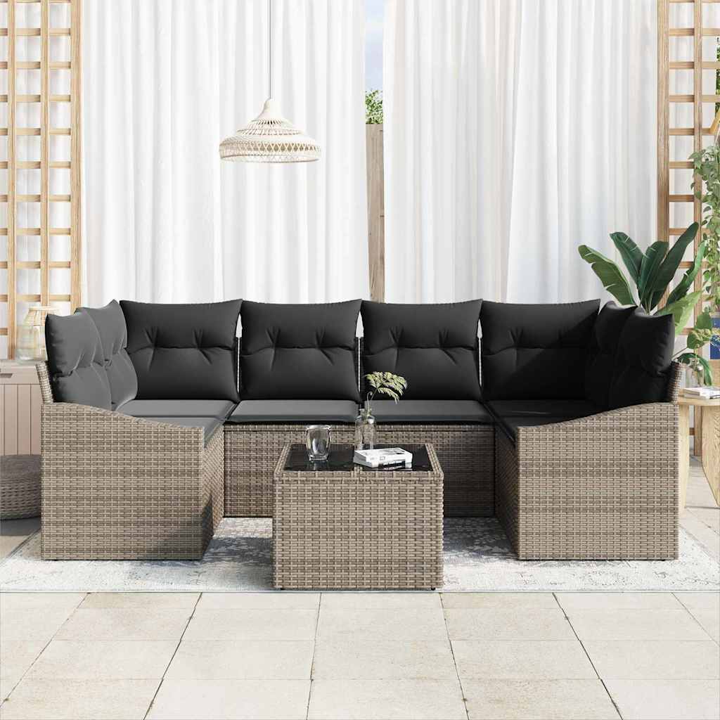 Bankstel met kussen met kussen 7 pcs Grijs poly rattan is nu te koop bij PeponiXL, paradijselijk wonen!