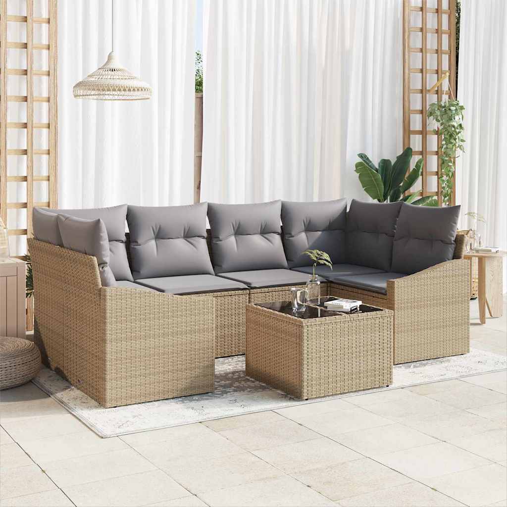 Bankstel met kussen 7 pcs Beige en Licht Grijs poly rattan is nu te koop bij PeponiXL, paradijselijk wonen!