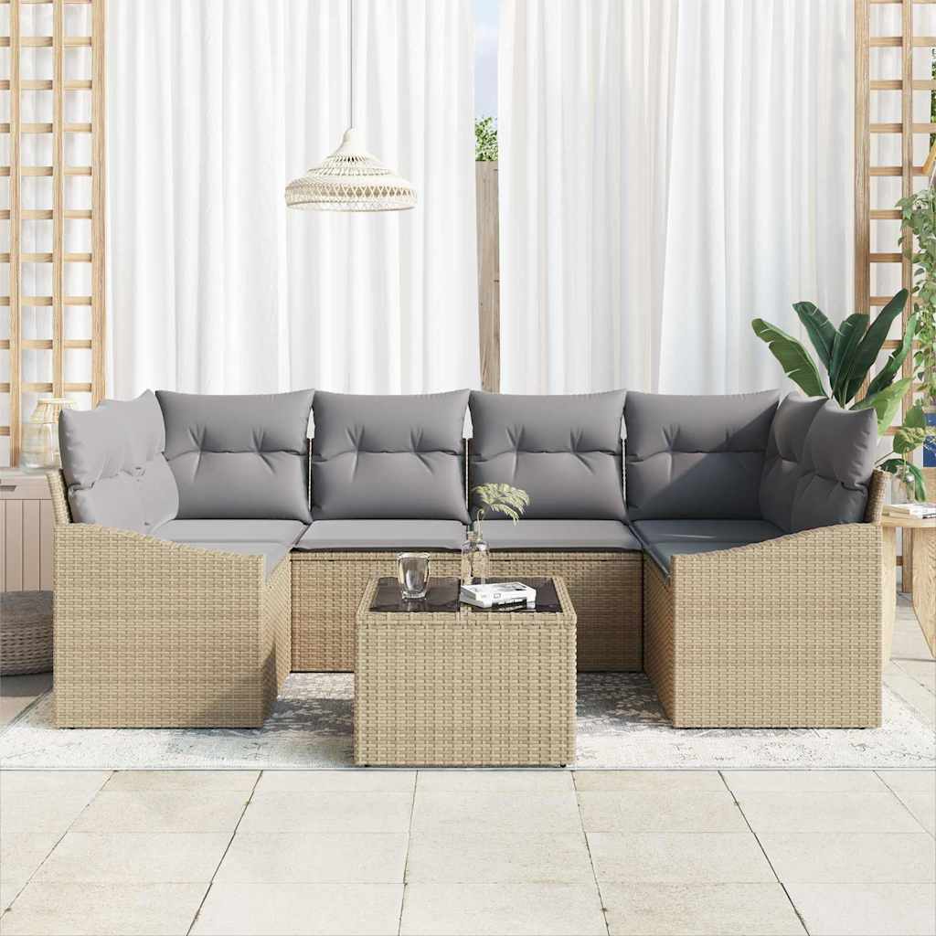 Bankstel met kussen 7 pcs Beige en Licht Grijs poly rattan is nu te koop bij PeponiXL, paradijselijk wonen!