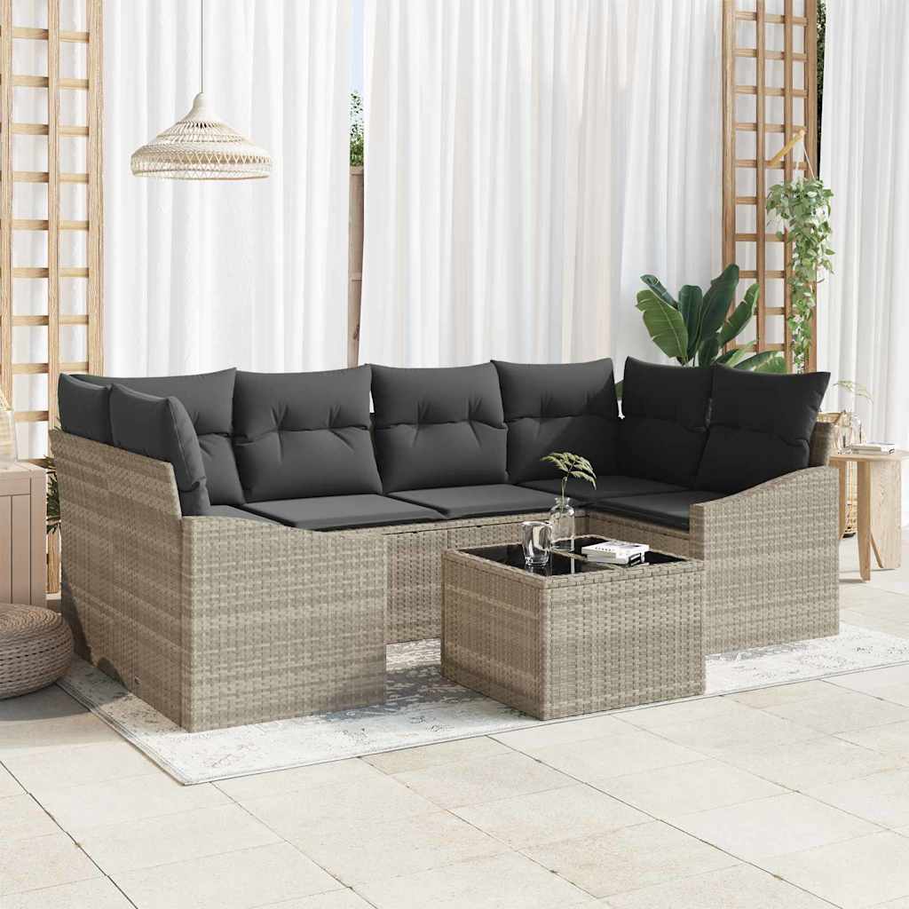 Bankstel met kussen met kussen 7 pcs Lichtgrijs poly rattan is nu te koop bij PeponiXL, paradijselijk wonen!
