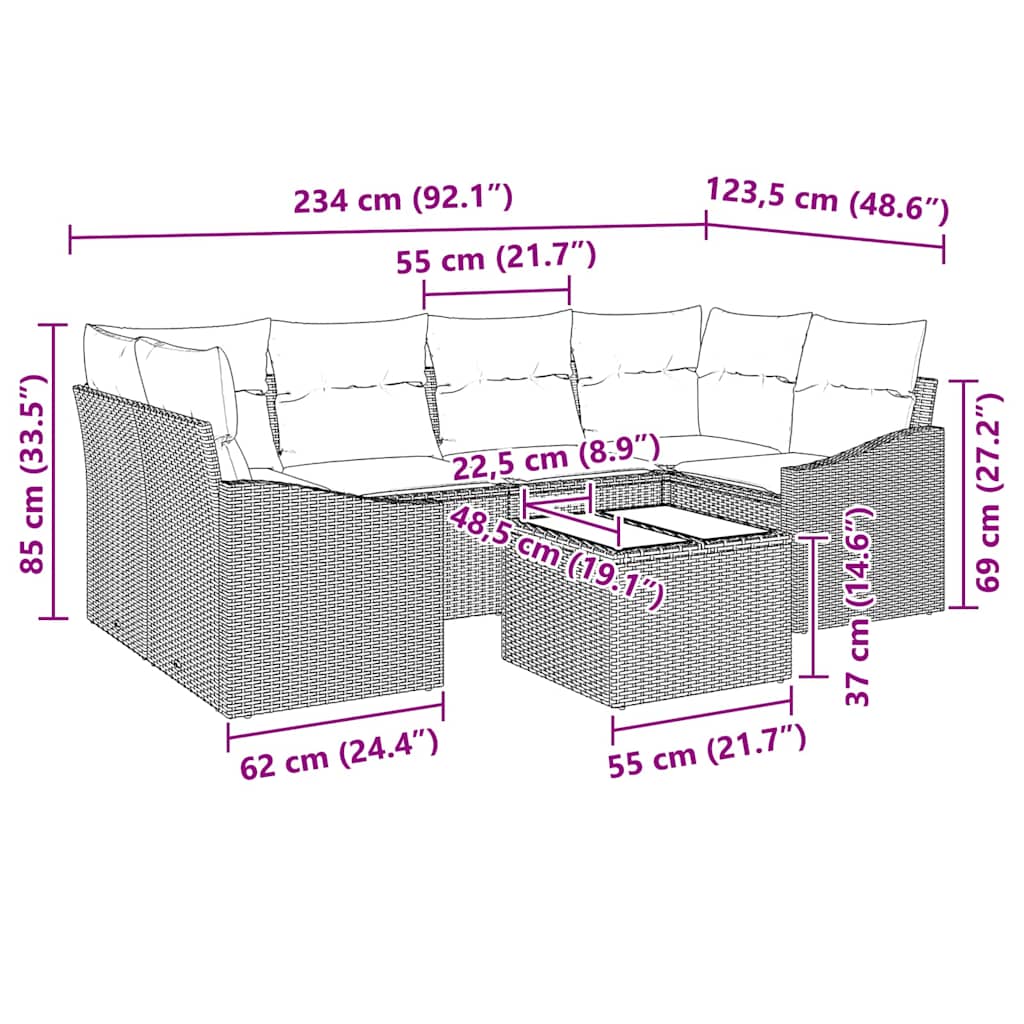 Bankstel met kussen met kussen 7 pcs Lichtgrijs poly rattan is nu te koop bij PeponiXL, paradijselijk wonen!