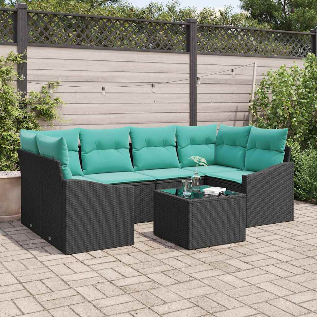 Bankstel met kussen 7 pcs Zwart en Turquoise poly rattan is nu te koop bij PeponiXL, paradijselijk wonen!