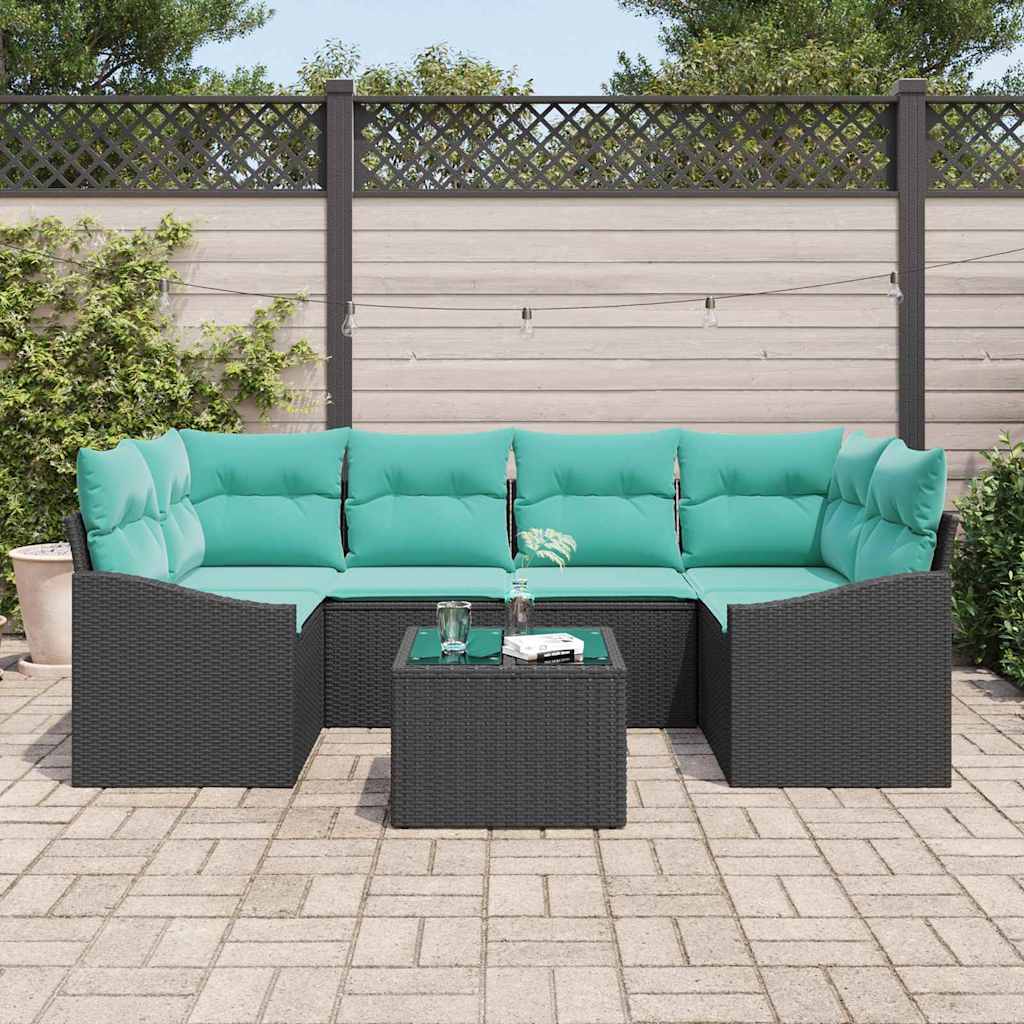 Bankstel met kussen 7 pcs Zwart en Turquoise poly rattan is nu te koop bij PeponiXL, paradijselijk wonen!
