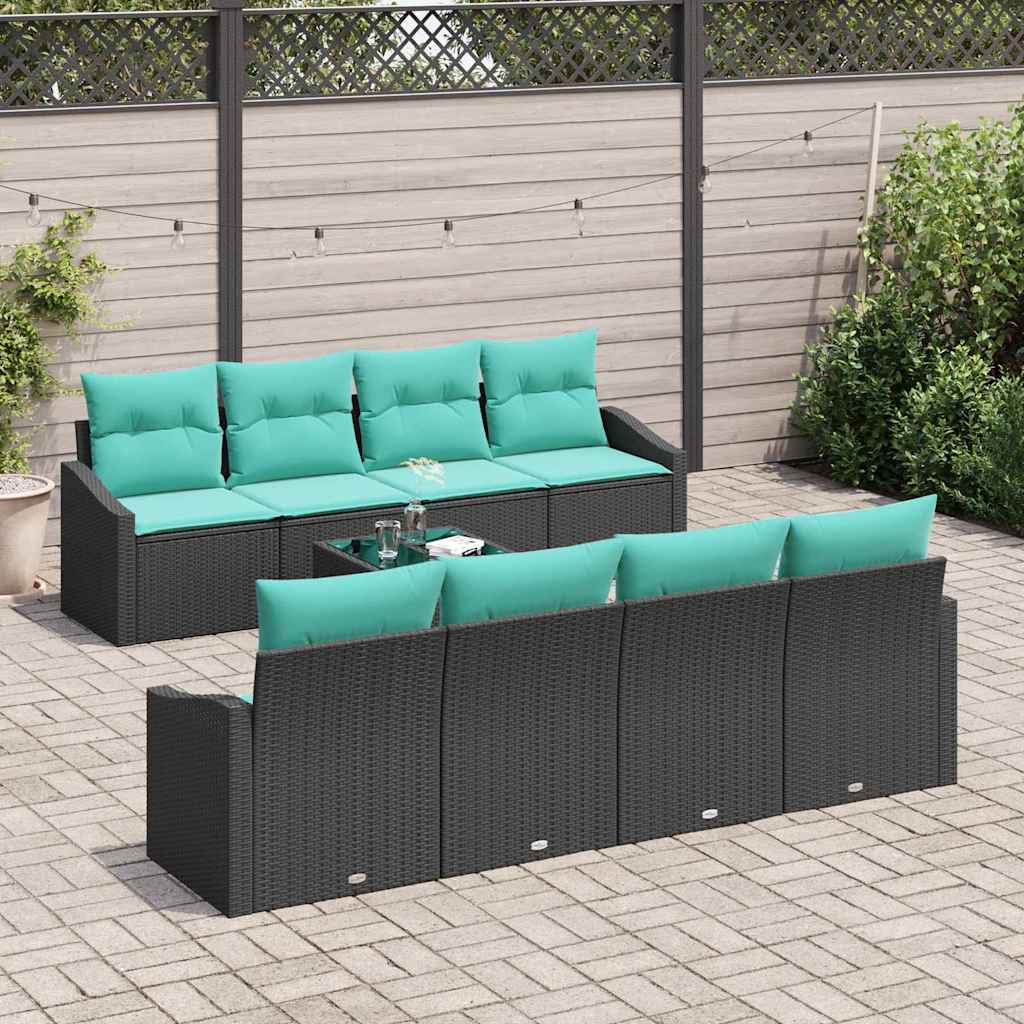 Bankstel met kussen 9 pcs Zwart en Turquoise poly rattan is nu te koop bij PeponiXL, paradijselijk wonen!